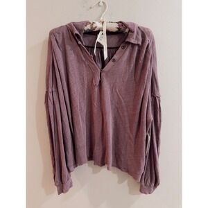 Free People We The Free Mulberry Slub Knit Henley Balloon Sleeve Top Medium NEW